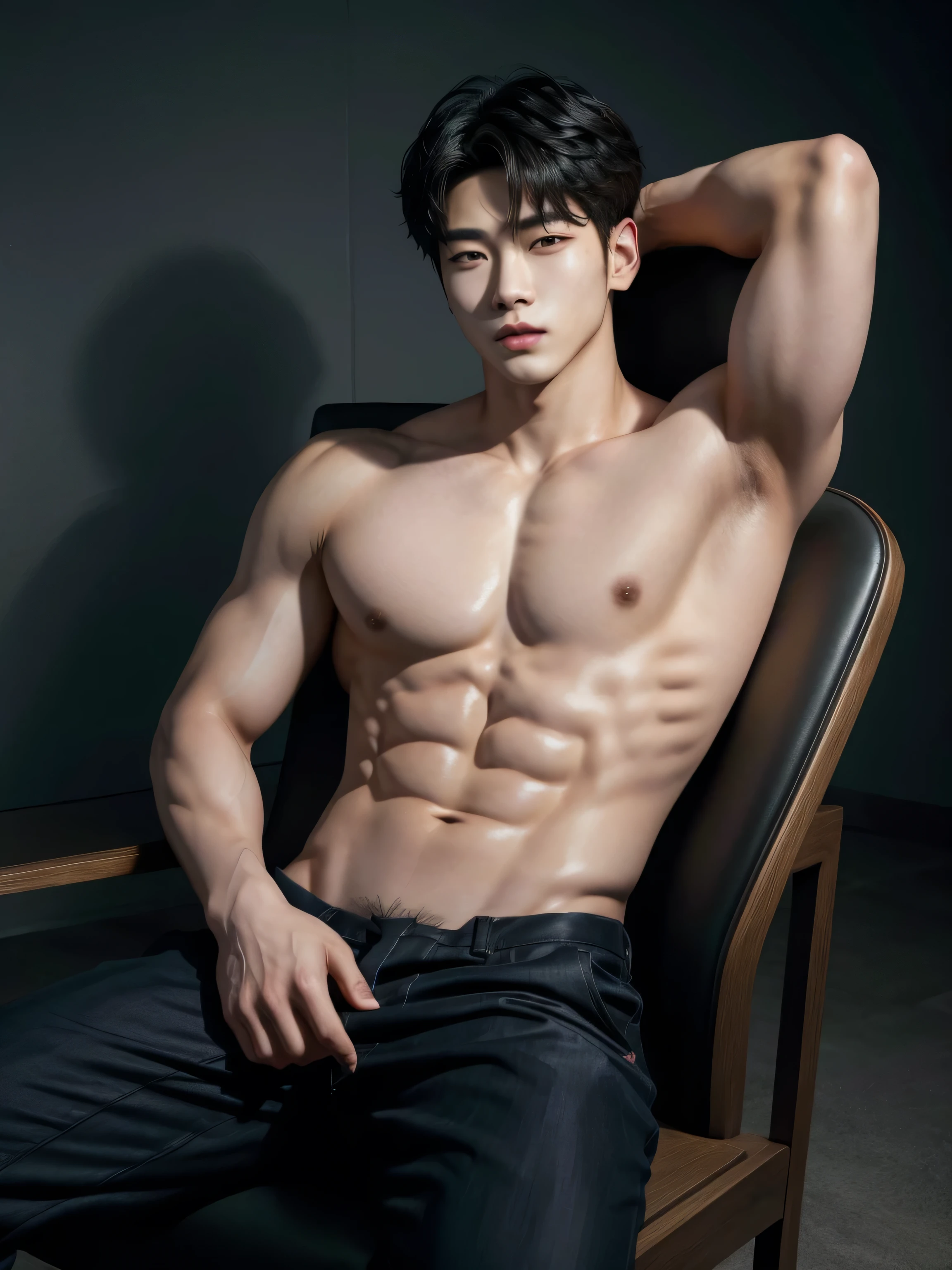 Arafed male model sitting on a chair without a shirt, korean muscle boy 2 1 years, TaeJune Kim, Hyung Tae, inspired by Kim Deuk-sin, hsiao-ron, with abs, Kim Doyoung, South Korean man, hong june hyung, Hyung Tae kim, Handsome Chad Chin, inspired by Joong Keun Lee, JUNGKOOK FROM BTS, long black hair