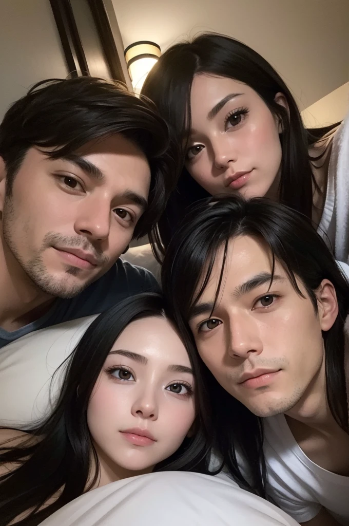 a photo of a heterosexual couple (man and a woman) both young, lying in bed, taking a selfie that captures just the corner of their face. they are both white and dark-haired