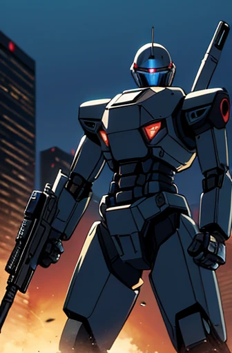 swat,battle field,holding_beam rifle,masterpiece,best quality,super fine illustration,robot,meca,droid,giant,super detailed,dynamic angle,8k,building,detailed background,Armord Core style,
