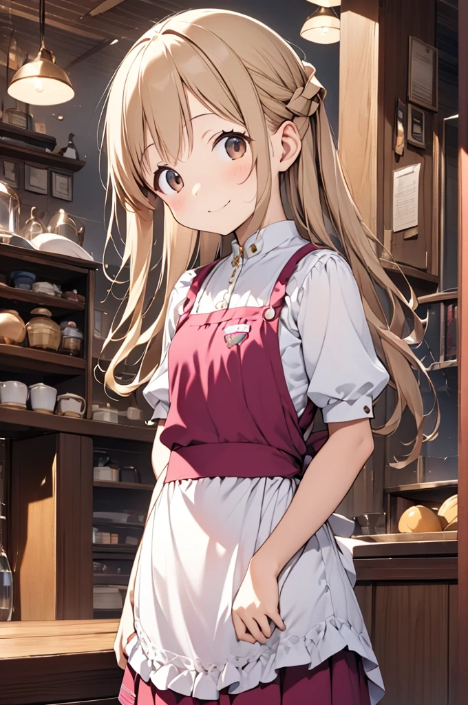 (((Lori)))、(({Highest quality、Highest quality、Very aesthetic、Super detailed、Best illustrations、nsfw、happy smiling girl)))、,Brown Hair、Detailed brown eyes、Long Hair、、Red apron skirt、girl、Slim figure、Small breasts