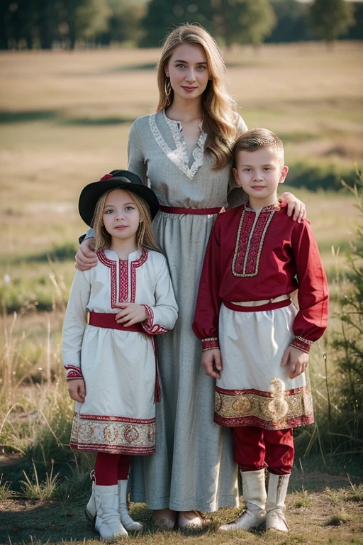 front view, stand on field,  ((girl and her ren  with  stand on ground :1.3)) ,1945 years June, Europeans War is   end ,(1 boy and 1 girl is existence), (1 man is 3 yeae is his baby, Russian  children matraditional Russian costumes from the 1930s, smile ), (1 woman Russian traditional costumes from 1930s, boots), Russian girl is 25 years-old), (blond hair ,middle  hair,  Gray eyes, beautiful lip, smile ),  (big breasts, sle wide hip) ,(wearing traditional ethnic clothing, including a white and red Sarafan and kokoshnik),   sunrise., textured skin ,( (HI detailed skin, (foreshortening, Canon, 8K, anatomically correct, super detail, high details, highness))