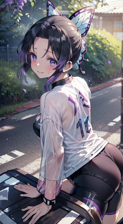kochou shinobu, (((((Road bike))))), (((Cycling Shorts, Cycling shirts))), (((((bicycleに乗る))))), ((((((Straddle the saddle)))))), whole body, boost mood, Ultra-realistic 8K CG,masterpiece,, ((Highly detailed background,Delicate pattern,Intricate details, Fine and beautiful eyes)),The best quality in the best condition,とてもとてもとても詳細なface, Highly detailed eyesとface,Highly detailed eyes,kochou shinobu,Multicolored Hair,No bangs,Hair Intake,, Purple eyes,,butterfly,band,(熱band庭園:1.2),Purple Flower,mostly cloudy null,Tyndall effect,slope_null,face,beautiful null,,Seductive posture,(Cleavage:1.3), woman,,Road bike,No underwear, cute, (((Cycling Shorts))),,Laughing with your mouth open, ((Sweat))(See through),((bicycle)),((Black Hair)),blush,((Recall))(Sweatで濡れた)Reflecting the buttocks,bicycleのスパッツ, Mountain