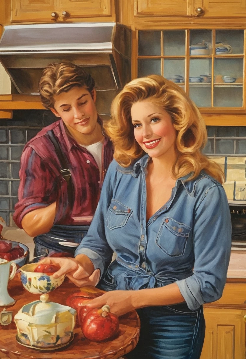 a 21 year old handsome boy uplifting a beautiful gorgeous extremely plump 45 years old woman in jeans dress in kitchen