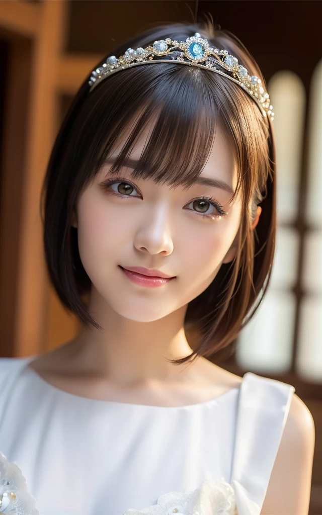 (Highest quality:1.5), (Realistic:1.5), (1 person:1.5), (medium wide shot:1.5), Very detailed, High resolution, 8k wallpaper, , Small breasts, Natural color lips, Cute Smile, Japanese women, 20-year-old girl, Beautiful and elegant face, Perfect and beautiful face, Big eyes, Brunette's eyes, Beautiful and elegant face, Perfect and beautiful double eyelids, Natural Bangs, Beautiful thin nose, Beautiful Skin, Chestnut Hair, Medium Bob Hair, Shortcuts, Natural Bangs, Perfect and beautiful face, Slim face and figure, (Looking into the camera), Bright lighting, Professional Lighting, Forward lighting, Natural smile, church, White Wedding Dress, tiara、Beautiful cleavage、