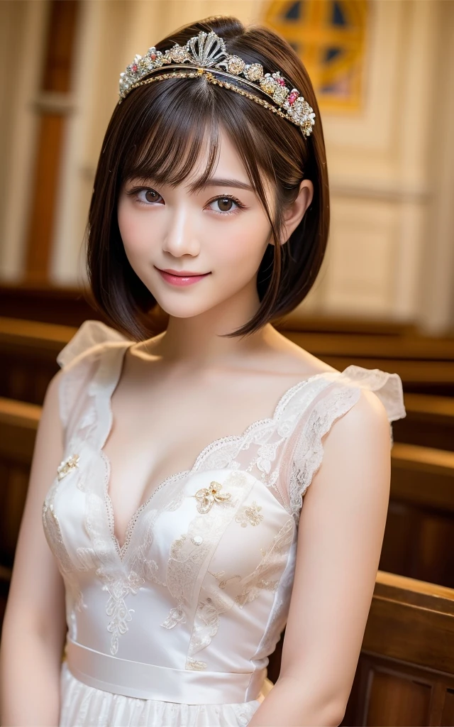(Highest quality:1.5), (Realistic:1.5), (1 person:1.5), (medium wide shot:1.5), Very detailed, High resolution, 8k wallpaper, , Small breasts, Natural color lips, Cute Smile, Japanese women, 20-year-old girl, Beautiful and elegant face, Perfect and beautiful face, Big eyes, Brunette's eyes, Beautiful and elegant face, Perfect and beautiful double eyelids, Natural Bangs, Beautiful thin nose, Beautiful Skin, Chestnut Hair, Medium Bob Hair, Shortcuts, Natural Bangs, Perfect and beautiful face, Slim face and figure, (Looking into the camera), Bright lighting, Professional Lighting, Forward lighting, Natural smile, church, White Wedding Dress, tiara、Beautiful cleavage、