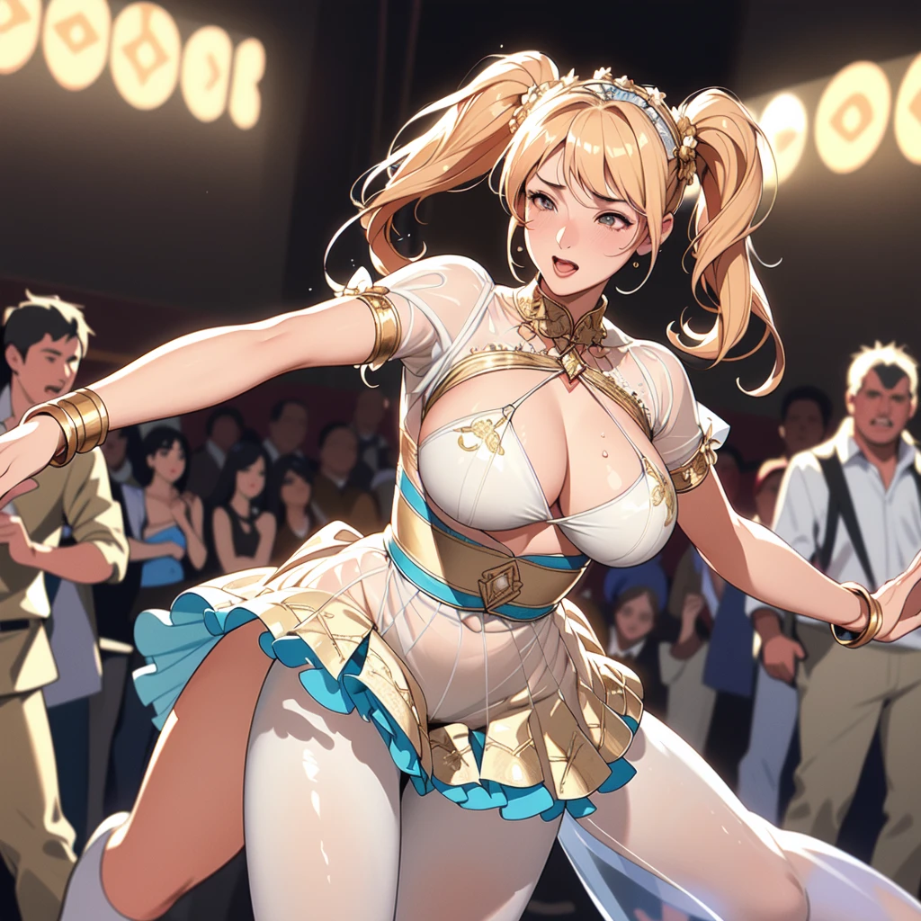 Highest quality, 8k, (One Girl:1.3, Full body portrait),(((Big Breasts:1.1))), (Colorful illustration:1.4), (masterpiece, Highest quality, Official Art), ((Very delicate and beautiful)), ((Gorgeous dancing girl costume、Gold embroidery, Face Veil, See-through harem pants)), ((Smiling dancing girl)), ((Spotlight, Confetti)), (((Fantasy World, Male crowd in the background:1.3, Watching the dancers))), (Sweat flying), (Sexy and dynamic dance), Tavern, (Shining jewels on the waist and chest, bracelet, Decorative collar), ((Twin tails))