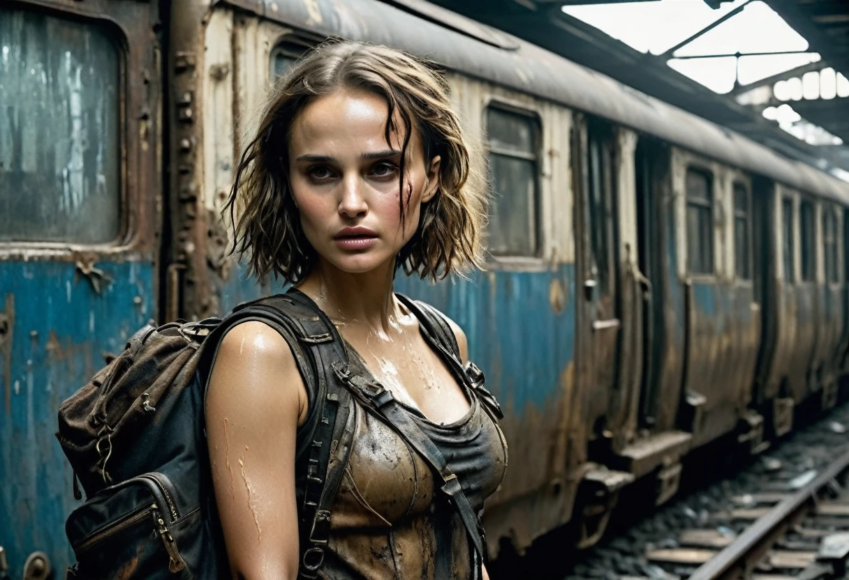 Create a diagonal and faithful image of Natalie Portman sad and dirty and bruised face, sensual cleavage, long hair spread, with torn and dirty clothes madmax style 18 year old wearing a large and dirty backpack on her back and leaning against the wall of an abandoned underground train station closed and dark with closed ceiling dirty in ruins ultra futuristic post-apocalyptic, wet ground from rain, there is vegetation growing in the corners of the walls in the basement station, flashlight only, penumbra, there is debris lying on the train tracks, trem steampunk, dramatic art, dieselpunk art style, apocalyptic road warrior vibe, surreal digital art, mad max inspired, heavy metallic artwork, chrome grille symmetry, arte steampunk digital, It&#39;s not the Mad Max style, metallic art, is not Filip Hodas; artwork style, steampunk digital art, dieselpunk, in a hightech world, photo on the diagonal, high qualiy, 8k, extremely detaild, as realistic as possible, the highest possible quality.
