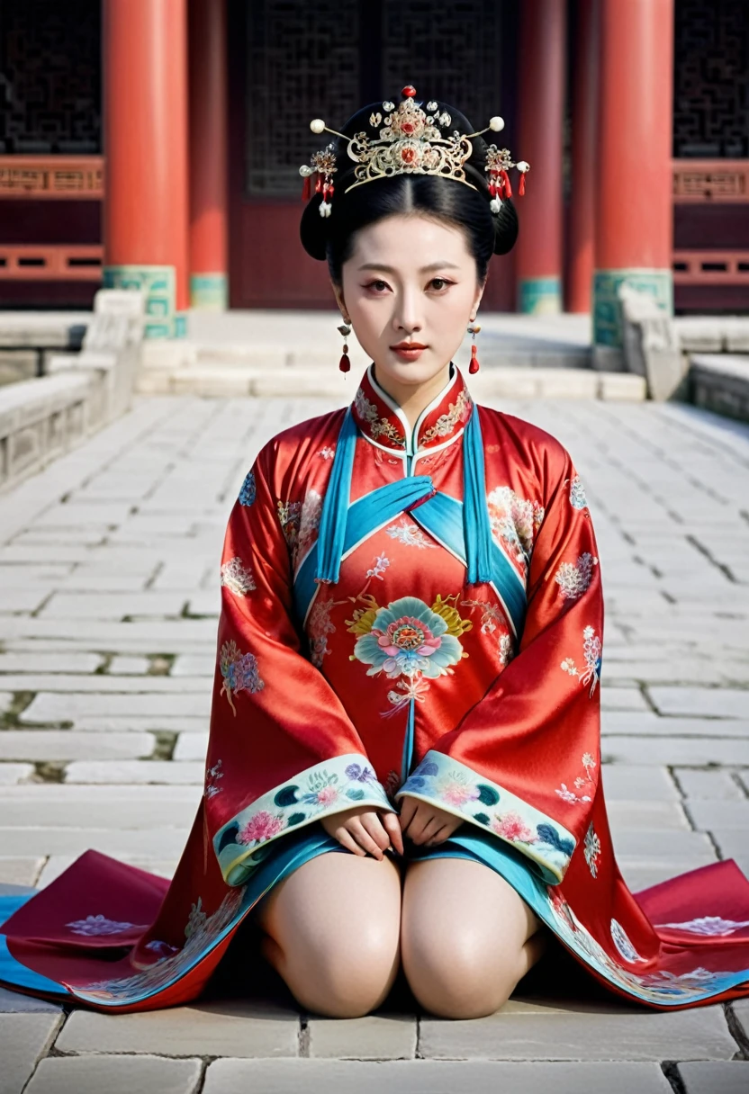 A woman seen from the front, sitting on the ground facing forward with her legs apart. Empress of the Qing Dynasty, Chinese imperial court. The Chinese empress is wearing a crown and a red Manchu dress with a floral pattern, open at the front, exposing her chest, lower abdomen, thighs and feet.。She is wearing no underwear, and her large breasts are exposed, right down to her bare stomach. Her hair is tied up and pulled up, and the background is the stone pavement of the Chinese palace of the Qing Dynasty.
