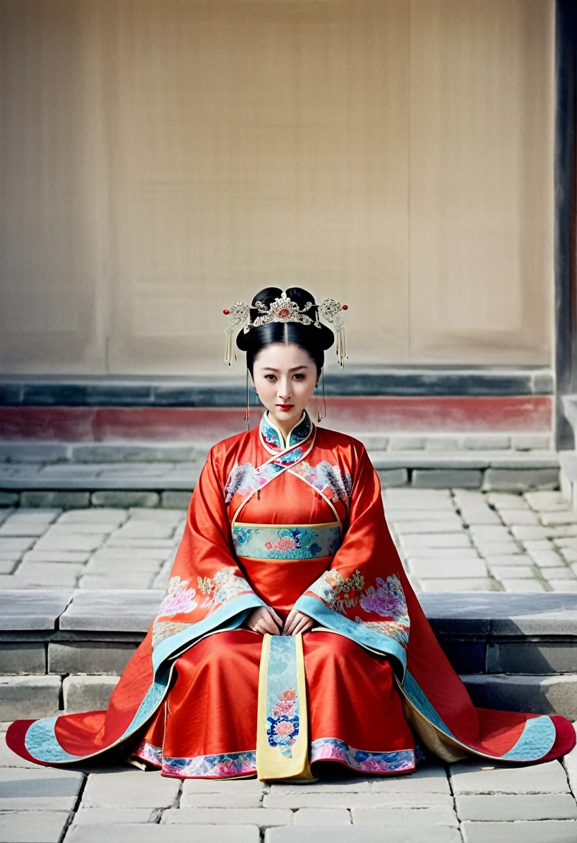 A woman seen from the front, sitting on the ground facing forward with her legs apart. Empress of the Qing Dynasty, Chinese imperial court. The Chinese empress is wearing a crown and a red Manchu dress with a floral pattern, open at the front, exposing her chest, lower abdomen, thighs and feet.。She is wearing no underwear, and her large breasts are exposed, right down to her bare stomach. Her hair is tied up and pulled up, and the background is the stone pavement of the Chinese palace of the Qing Dynasty.
