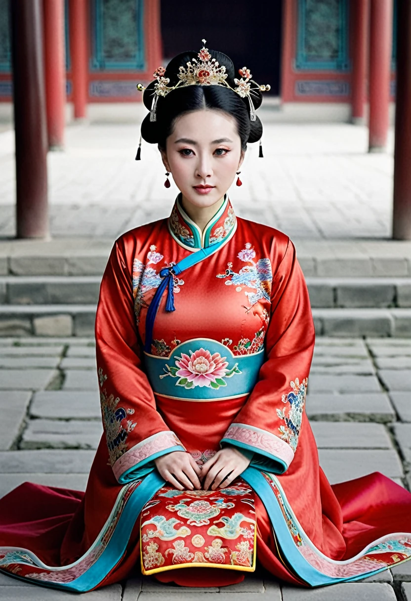 A woman seen from the front, sitting on the ground facing forward with her legs apart. Empress of the Qing Dynasty, Chinese imperial court. The Chinese empress is wearing a crown and a red Manchu dress with a floral pattern, open at the front, exposing her chest, lower abdomen, thighs and feet.。She is wearing no underwear, and her large breasts are exposed, right down to her bare stomach. Her hair is tied up and pulled up, and the background is the stone pavement of the Chinese palace of the Qing Dynasty.