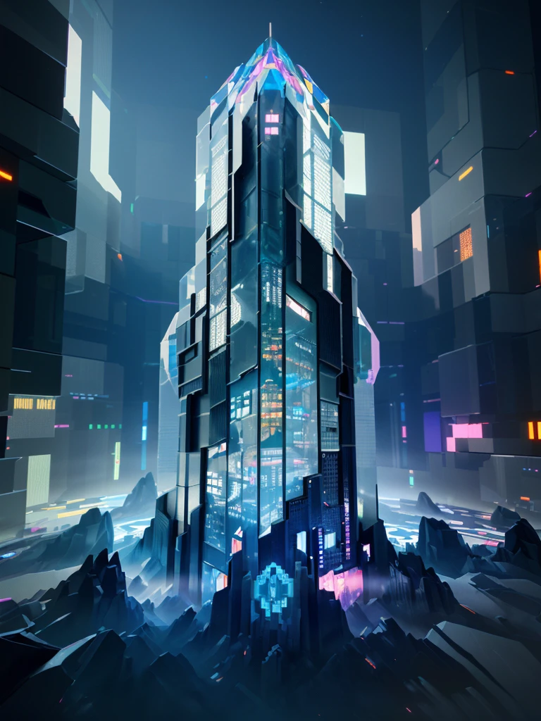 a (voxelpalace:1), abstract geometric glass architecture, futuristic, intricate patterns, glowing neon lights, cinematic lighting, 8k, ultra-detailed, hyperrealistic, volumetric fog, dramatic shadows, vibrant colors, intricate details, clean and sharp, seamless, masterpiece