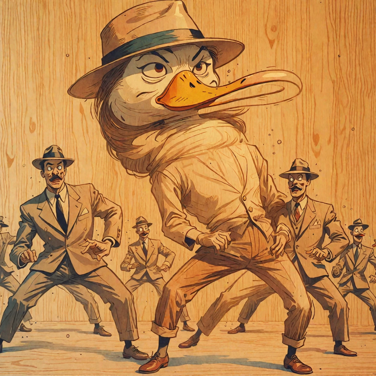 dim glow, wood burning art, natural wooden color tones, wooden texture, absurd, silly, dance, duck dance, 1990's rotoscope, hand drawn, dancing, cartoonish, stylish, expressive bold ink line style splash page cover art, 1940's watercolor, cohesive singular concise illustration film screengrab, minimal, serene, perfect, strange, candid, cinematic, surreal