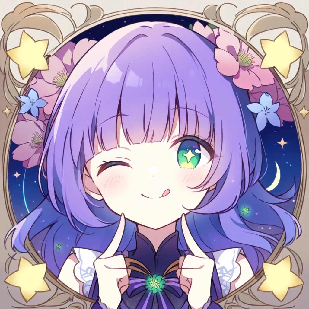 Backlight, (art nouveau:1.2), pastel colors, 1girl, solo, portrait, purple hair, green eyes, blunt bangs, (;q:1.1), one eye closed, smug, closed mouth, tongue, bloom, glowing, perfect lighting, masterpiece, best quality, incredibly absurdres, ultra detailed, reflection, chrysanthemum, poppy, peonies, star-shaped pupil, A double peace sign next to Hitomi,