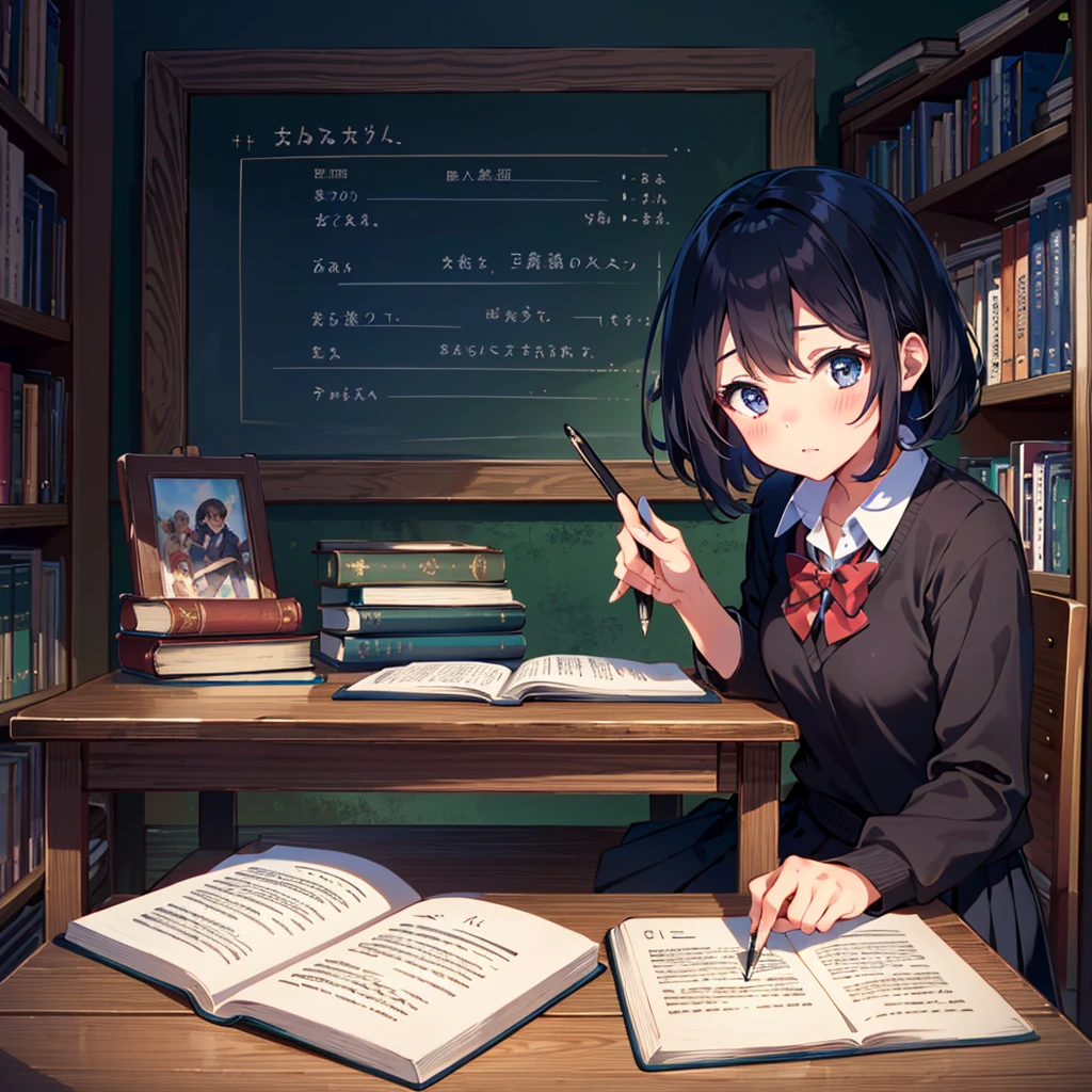 {{{Masterpiece, highest quality, high resolution background}}}, bright and beautiful atmosphere, 1 girl (, 1 short-tempered round face), 1 boy, 1 (hair, surface effects), poverty Breasts, a table in the library, school uniforms, a boy and a girl studying side by side, very blushing, thick reference books piled up in disarray on the desk, a mechanical pencil in hand. has "deltamon_sdXL :0.73)>Deltamon"