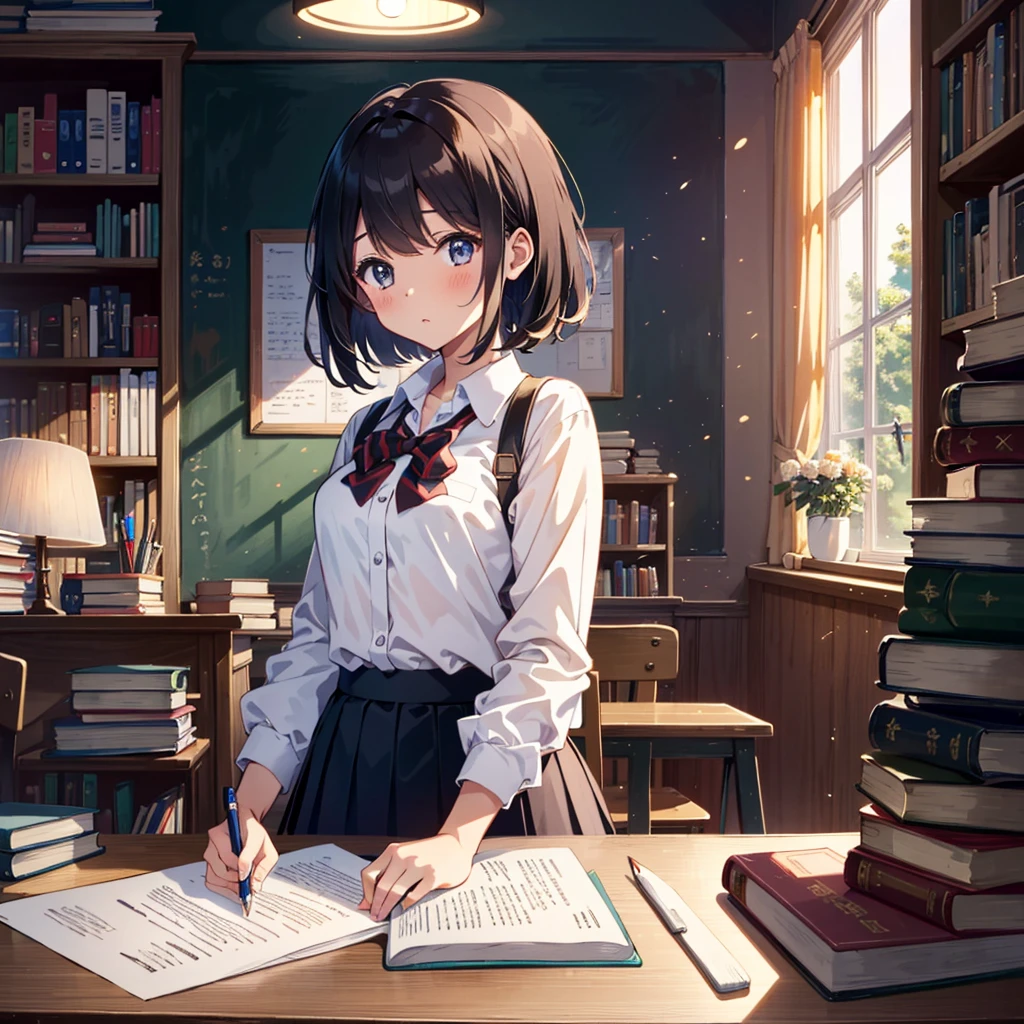 {{{Masterpiece, highest quality, high resolution background}}}, bright and beautiful atmosphere, 1 girl (2 years old, 1 short-tempered round face), 1 boy, 1 (hair, surface effects), poverty Breasts, a table in the library, school uniforms, a boy and a girl studying side by side, very blushing, thick reference books piled up in disarray on the desk, a mechanical pencil in hand. has "deltamon_sdXL :0.73)>Deltamon"
