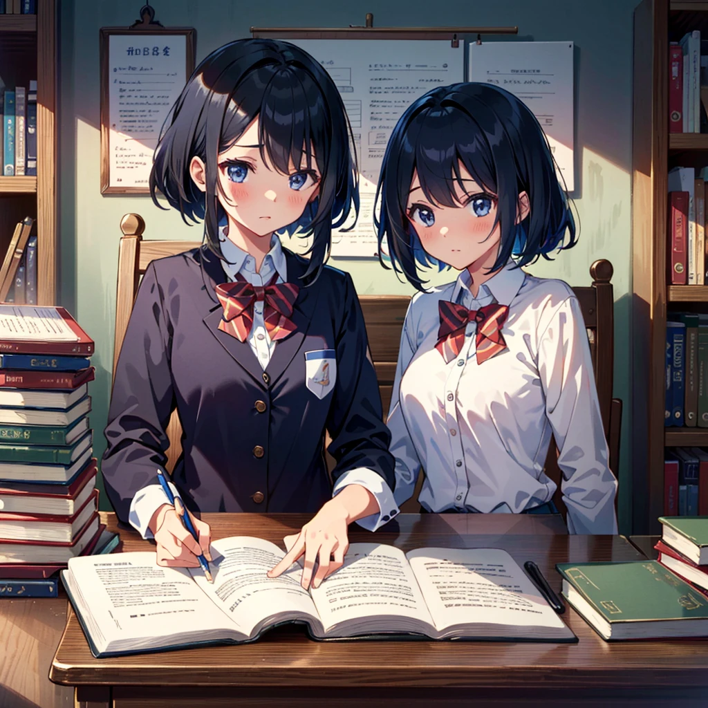 {{{Masterpiece, highest quality, high resolution background}}}, bright and beautiful atmosphere, 1 girl (2 years old, 1 short-tempered round face), 1 boy, 1 (hair, surface effects), poverty Breasts, a table in the library, school uniforms, a boy and a girl studying side by side, very blushing, thick reference books piled up in disarray on the desk, a mechanical pencil in hand. has "deltamon_sdXL :0.73)>Deltamon"