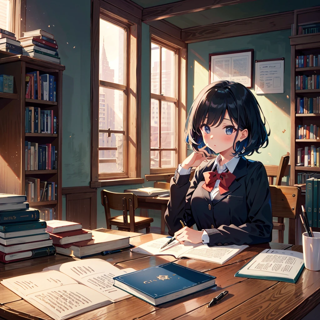 {{{Masterpiece, highest quality, high resolution background}}}, bright and beautiful atmosphere, 1 girl (, 1 short-tempered round face), 1 boy, 1  (hair, surface effects), poverty Breasts, a table in the library, school uniforms, a boy and a girl studying side by side, very blushing, thick reference books piled up in disarray on the desk, a mechanical pencil in hand. has "deltamon_sdXL :0.73)>Deltamon"