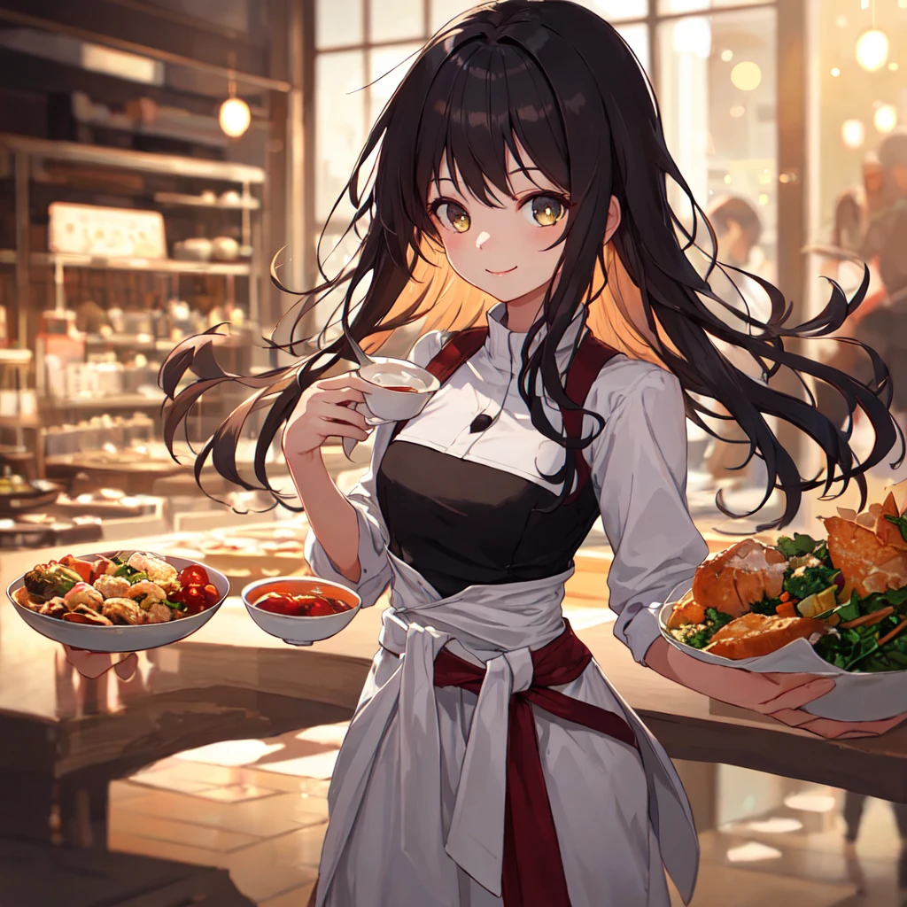 superb, amazing, Ultra-high image quality, Practical, girl, (Beautiful Face 1.4), (Large target, Tightening waist), Long hair, indoors, Bokeh, Beautiful light, Glowing skin, Small head, Smile, Dinner , Holding a cup