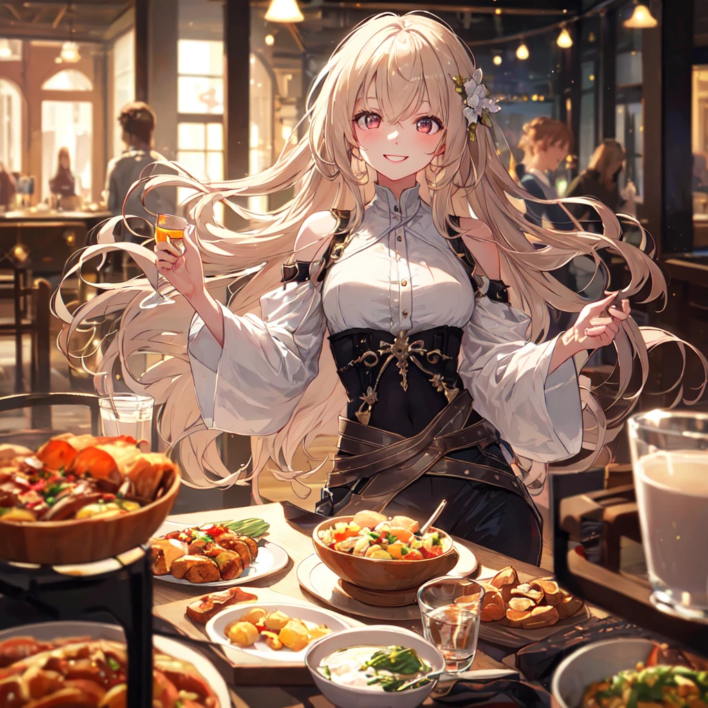 superb, amazing, Ultra-high image quality, Practical, girl, (Beautiful Face 1.4), (Large target, Tightening waist), Long hair, indoors, Bokeh, Beautiful light, Glowing skin, Small head, Smile, Dinner , Holding a cup