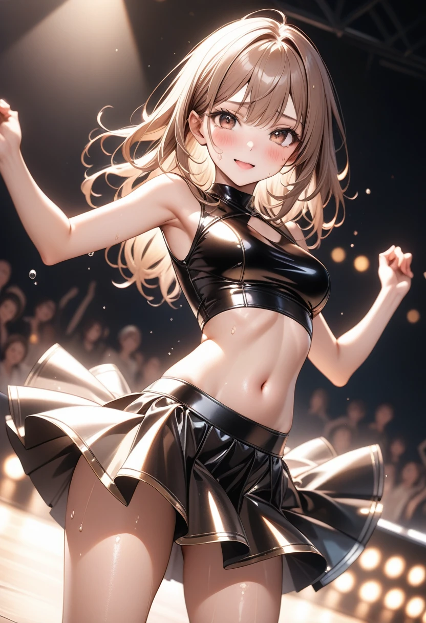 (((Sexy dancer))), (((Dancer costume, Navel, skirt))), ((Shiny Costumes)), skindentation, skinny, solo, 1 woman, Masterpiece, highest quality, highest quality, 16K, incredibly absurd, highly detailed, 2.5D, ai-generated, delicate and dynamic, very delicate facial expressions, delicate eye depiction, erotic, only sexy woman, ((A cute and kind face)), healthy figure, ((25-year-old woman)), 160cm tall, medium firm swaying bust, , blush, Sweat,Embarrassed,sexy, ((thin thighs)), (camel toe:0.7), (visible nipples:0.3), (Erect nipples,:0.7), shiny and lustrous, facing straight at viewer, (((in heat))), ((Oily_skin)), ((Lots of sweat)), (((Brown Skin))), ((dutch angle)), ((erotic pose)), ((On a very bright stage)), (Metallic outfit:0.5), (((Dancing vigorously))),