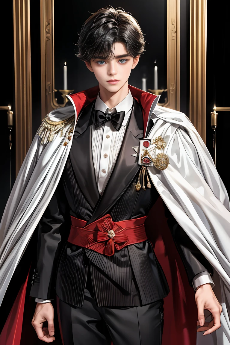 masterpiece, 最high quality, high quality, 1 boy, alone, Male focus, Watching the audience, Messy black hair, Adorable big blue eyes, White, Noble, Noble,A sexy, voluminous, puffy cape、tuxedo、A very voluminous, large, very large, very large, long, long red and black cape with a high stand-up collar, made of a lot of fabric that reaches down to the floor., 17 years old,Cute beautiful boys,Cute, cute, kind, handsome guy