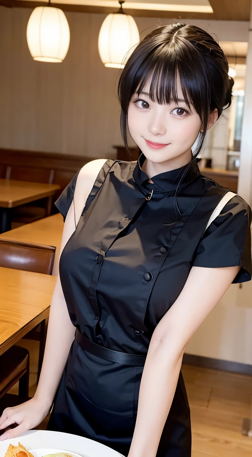 (Highest quality,masterpiece:1.3,Ultra-high resolution,),(Very detailed,Caustics),(Realistic:1.4,RAW shooting,)Ultra-Realistic Capture,Very detailed,High resolution 16K human skin closeup。 Natural skin texture、,pores、、、、It must be detailed enough to be easily identifiable。 Skin tone is even and healthy looking。 Use natural light and colour,restaurant,Waitress Uniform,1 girl,Japanese,18-year-old,cute,Black-haired,ponytail,Big Breasts,smile,Turn your body forward,(Front view:1.1),Looking into the camera,Cowboy Shot,