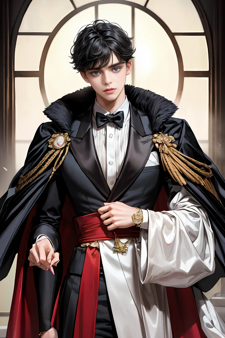 
masterpiece, 最high quality, high quality, 1 boy, alone, Male focus, Watching the audience,  Messy black hair, Adorable big blue eyes, White, Noble, Noble,A sexy, voluminous, puffy cape、tuxedo、A very voluminous, large, very large, very large, long, long red and black cape with a high stand-up collar, made of a lot of fabric that reaches down to the floor., ************,Cute beautiful boys,Cute, cute, kind, handsome guy