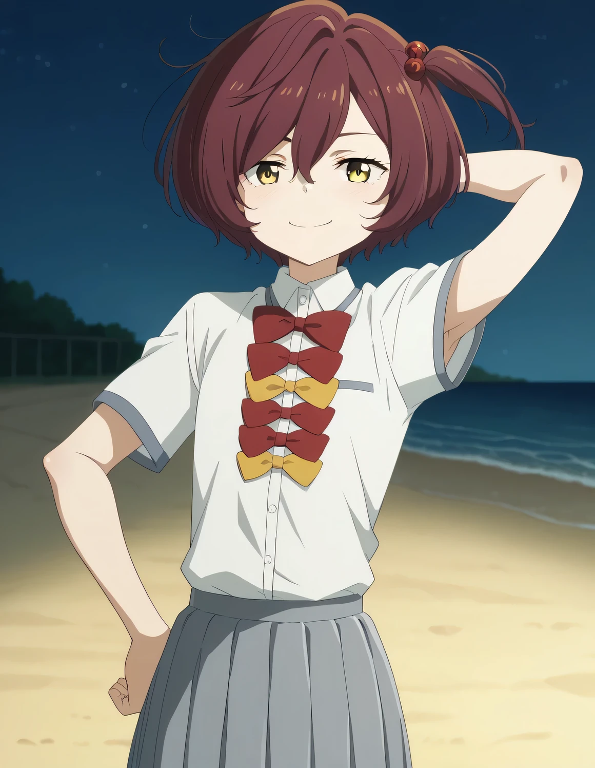 chika komari, short hair, bangs, brown hair, hair ornament, hair between eyes, side ponytail, one side up, hair bobbles, yellow eyes, skirt, shirt, bow, school uniform, white shirt, short sleeves, pleated skirt, bowtie, yellow bow, grey skirt, yellow bowtie, red bow, red bowtie, high quality, night sky, beach, closed mouth, looking at viewer, smile, showing armpit, looking at viewer, solo, contrapposto, spread armpit, arm behind head, hand on hip, smile, cowboy shot,