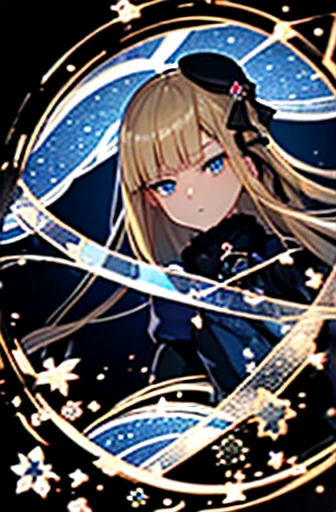 (dark blue eyes:1.2),(((Reines))) (((Lolita Fashion))), ((myth)), ((medium blonde hair)) wearing a beret .Beyond Time and Space、intricate detailes、Elegant and mysterious、The most beautiful forms of chaos like glasswork、Delicate、Glasswork、girl, Cute、dynamic angle、Transparency
