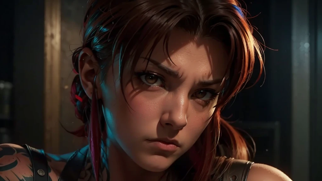 Revy from black lagoon, neon lights, The artwork is rendered in an edgy and realistic style, with high attention to detail and sharp focus. The colors are vivid and contrasted, with a slight desaturation to create a moody atmosphere. shadowy highlights enhancing the overall composition. The medium used is a digital illustration, with a touch of photo-realistic elements to add depth and texture to the image. The final result is a masterpiece in ultra-high resolution,