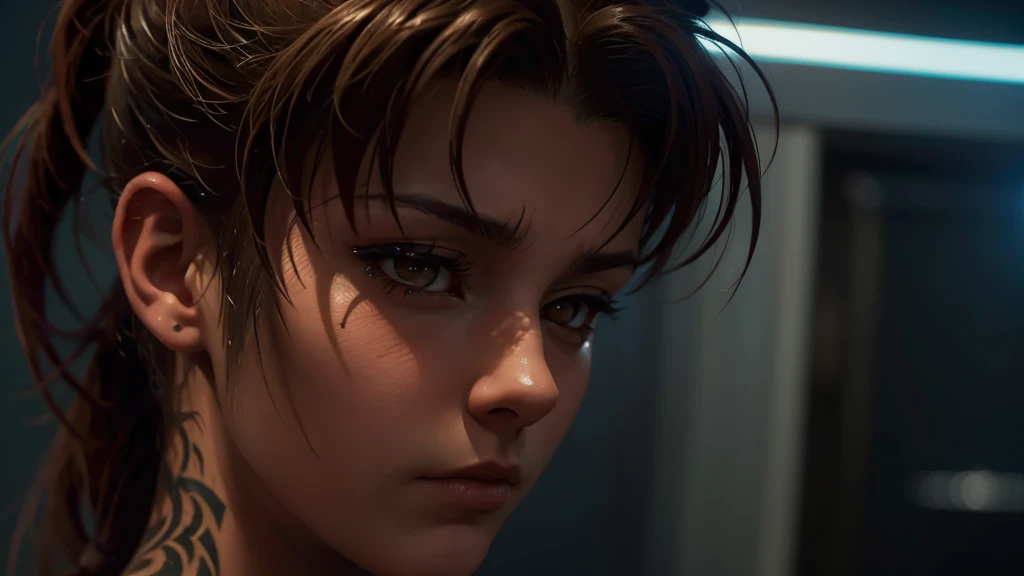 Revy from black lagoon, neon lights, The artwork is rendered in an edgy and realistic style, with high attention to detail and sharp focus. The colors are vivid and contrasted, with a slight desaturation to create a moody atmosphere. shadowy highlights enhancing the overall composition. The medium used is a digital illustration, with a touch of photo-realistic elements to add depth and texture to the image. The final result is a masterpiece in ultra-high resolution,