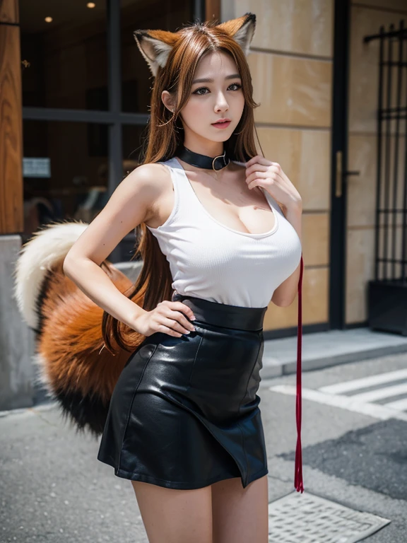 ((Highest quality, 8k)), ((masterpiece)), (Highest Resolution), Perfect Face, fox girl, high school girl, Beautiful woman, public, Has one tail, She has thick thighs, a large tail, She has a red fox tail, She wags her tail, Troubled face, fur collar, She wears a short skirt, Beautiful Hips , Big Breasts, The skirt is rolled up with a big tail
