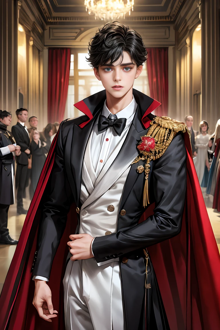 
masterpiece, 最high quality, high quality, 1 boy, alone, Male focus, Watching the audience,  Messy black hair, Adorable big blue eyes, White, Noble, Noble,A sexy, voluminous, puffy cape、tuxedo、A very voluminous, large, very large, very large, long, long red and black cape with a high stand-up collar, made of a lot of fabric that reaches down to the floor., ,Cute beautiful boys,Cute, cute, kind, handsome guy