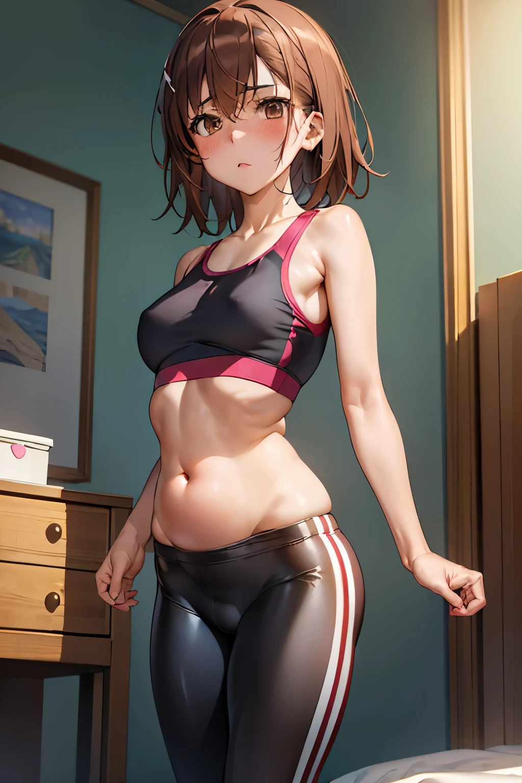 (Highest quality:1.1), (masterpiece:1.4), (Absurd:1.0), 
One Girl, Mikoto Mikasa、Brown Hair、Medium chest、Looking at the audience、Bedroom、(blush:1.2)、Embarrassed expression、((Bike Pants))、((Sports Bra))、(Thigh-high socks)、((belly button))