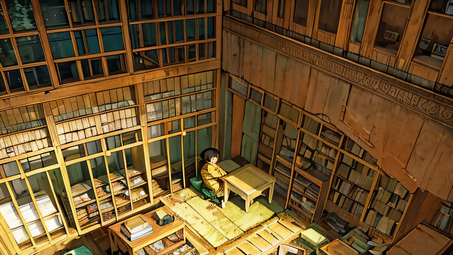 top view, A young boy in a yellow raincoat, covered in dirt, sittingg with face down, hiding behind a stack of old furniture in a cluttered, sitting in middle of photo, mess antique bookstore. The setting is melancholic, with a Ghibli, manga, and lofi boy style. The overall mood is sad, and the image is in a 1080x1920 scale, top view.