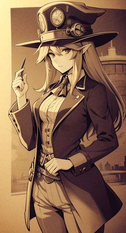 Sophisticated Hylia, hat, steampunk suit, airship, muted colors, red filter, old worn photo, fading ink,