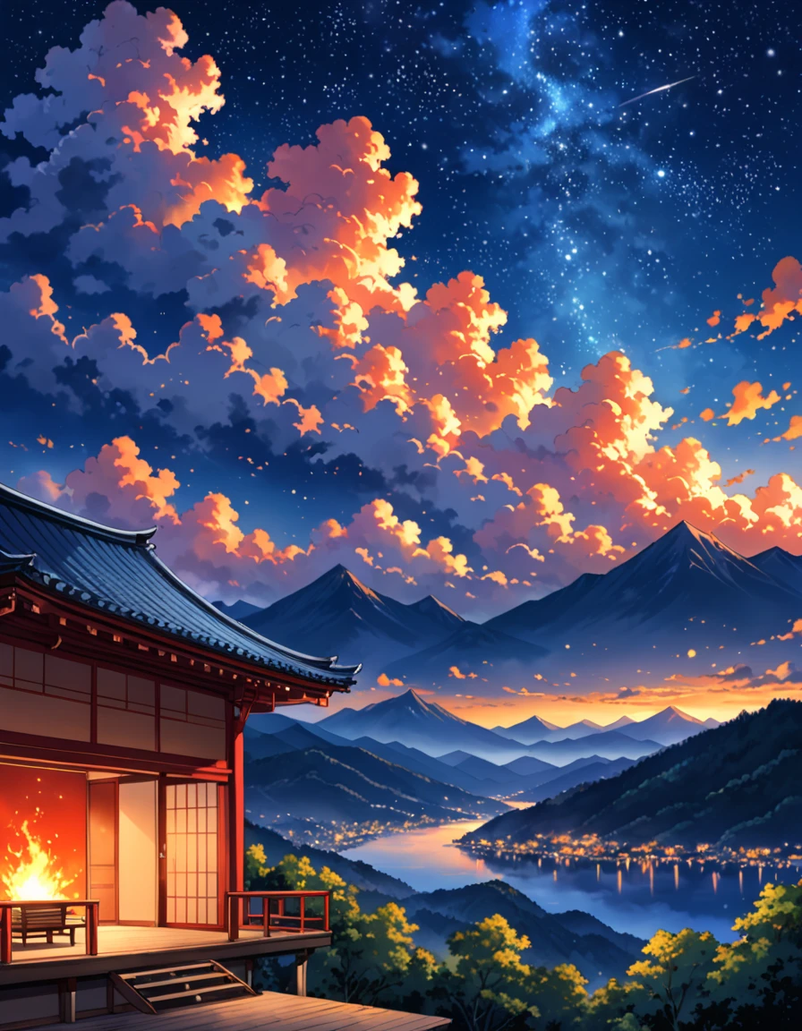 evening,The mountains are lightly covered with clouds,The fire clouds are as hot as flames,Half of the sky is dyed brilliantly。And the other side,The clouds retreated quietly,Revealing the deep blue,Starry Sky,Quietly leaping onto the stage at night,The starlight in the building and the gentle breeze in the mountains,