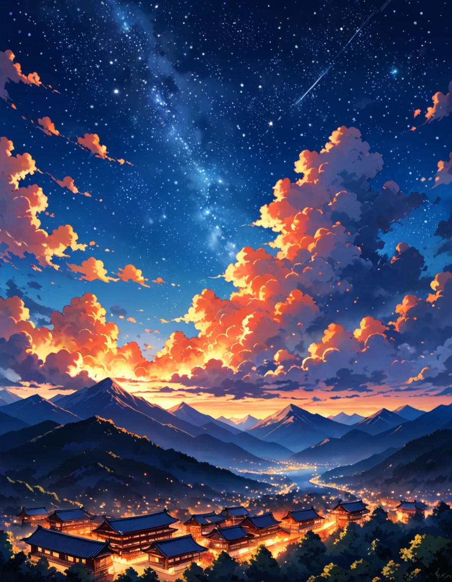 evening,The mountains are lightly covered with clouds,The fire clouds are as hot as flames,Half of the sky is dyed brilliantly。And the other side,The clouds retreated quietly,Revealing the deep blue,Starry Sky,Quietly leaping onto the stage at night,The starlight in the building and the gentle breeze in the mountains,