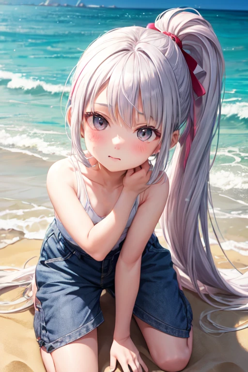 background on the beach, Very beautiful 10 year old girl, silver hair with a light pink, long hair tied in a high ponytail, White skin, grey eyes, playing in the sand with 10 year old shoto todoroki too 