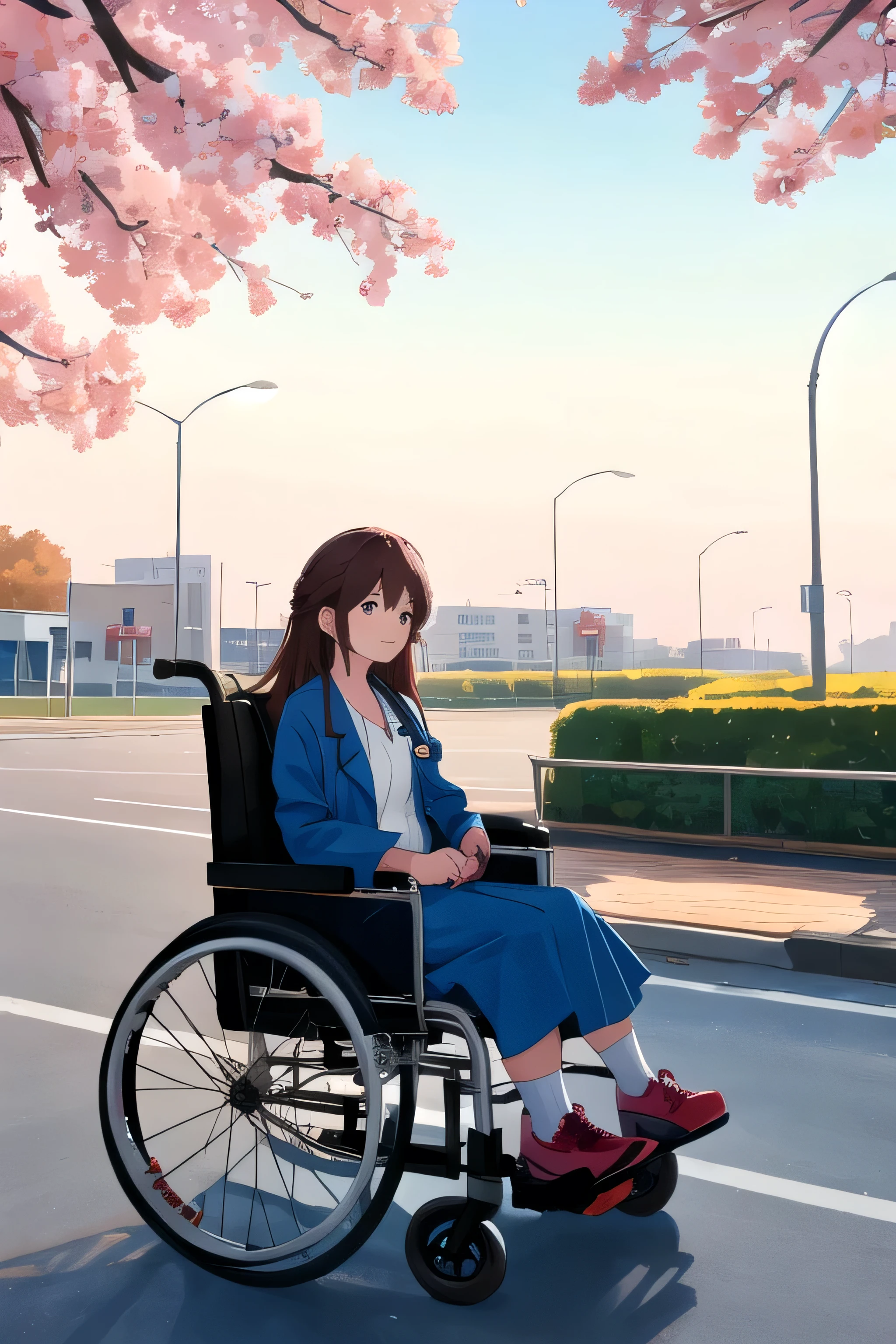 sky, view, sky, 1girl, morning sky, solo, outside hospital, park, sitting, wheelchair, long hair, people, view of patient and doctor