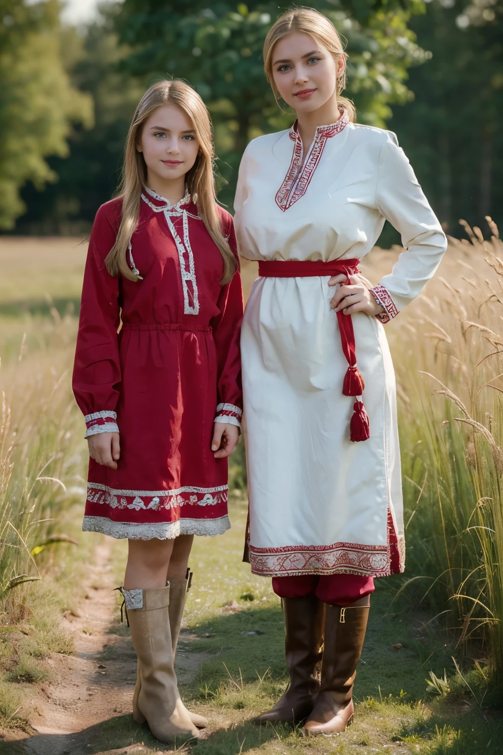 front view, stand on field,  ((girl and her children  with  stand on ground :1.3)) ,1955 years June, Europeans War is   end ,(1 boy and 1 girl is existence), (1 man is 3 years) ,He is his , Russian  children man is traditional Russian costumes from the 1930s, smile ), (1 woman Russian traditional costumes from 1930s, boots), Russian girl is 30 years-old), (blond hair ,middle  hair,  Gray eyes, beautiful lip, smile ),  (big breasts, slender whist, wide hip) ,(wearing traditional ethnic clothing, including a white and red Sarafan and kokoshnik),   sunrise., textured skin ,( (HI detailed skin, (foreshortening, Canon, 8K, anatomically correct, super detail, high details, highness))