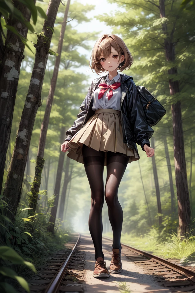 an anime girl is walking on dirt road in forested area near railroad tracks, 1girl, solo, outdoors, tree, skirt, pantyhose, looking at viewer, brown eyes, shoes, gloomy