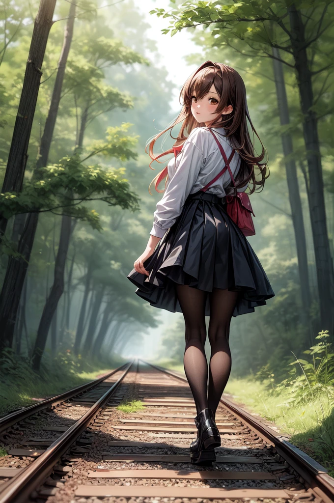 an anime girl is walking on dirt road in forested area near railroad tracks, 1girl, solo, outdoors, tree, skirt, pantyhose, looking at viewer, brown eyes, shoes, gloomy