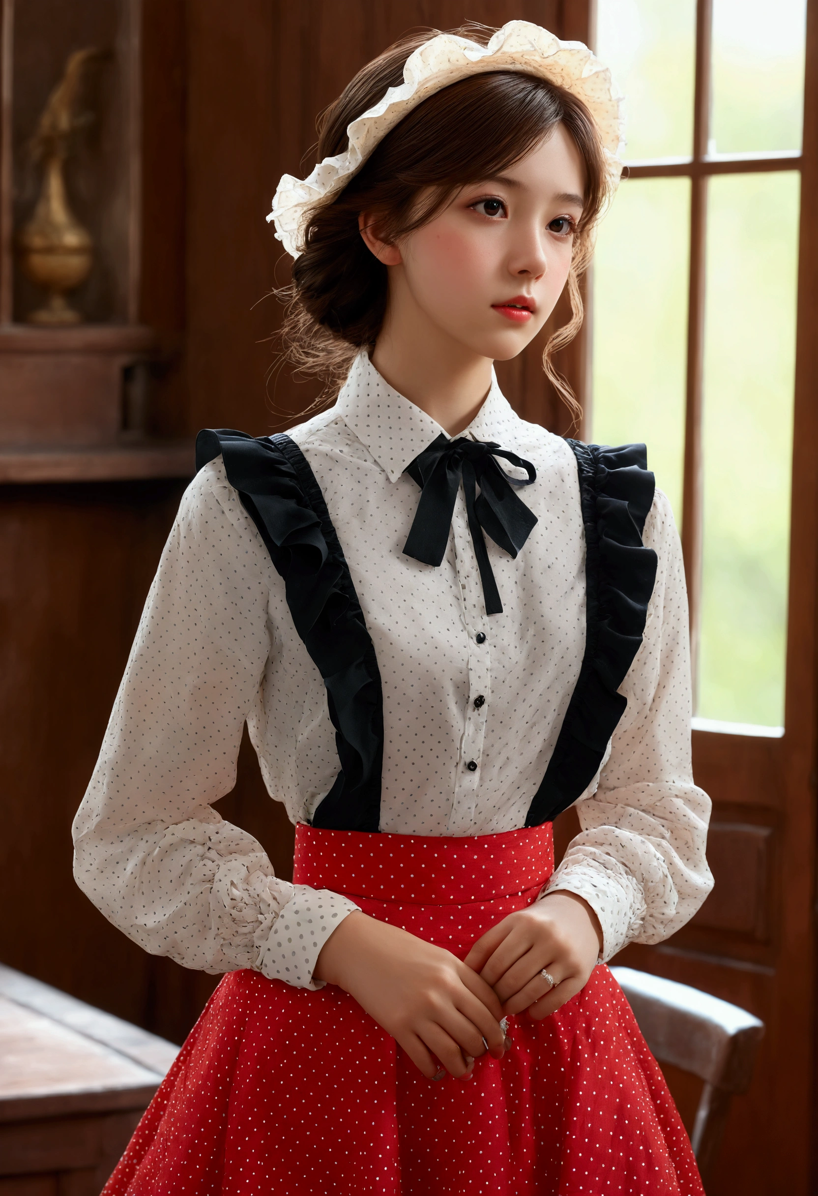 1 girl,standing alone,best qualityer,work of art,illustration,extremely delicate and beautiful,CG,unity,8 k wallpaper,incredible,fine-details,work of art,offcial art,extremely detaild CG unity 8 k wallpaper,incredibly absurdres,huge filesize,ultra detali,high resolution,extremely detaild,beautiful detailed girl,realisitic,(polka_point_blouse:1.5),(ruffle_noon_overskirt:1.4),(Fingers pointed_bombi:1.3),