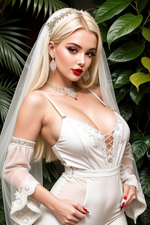 Bimbo girl looking at the viewer, slim, Red lips, flirting with the camera, white sclera, White tie, Jewelry, white intricate foliage, embroidered with filigree, with sleeves, sheer lace v-neck, overalls, overalls, confident, seductive, dominant, frightening