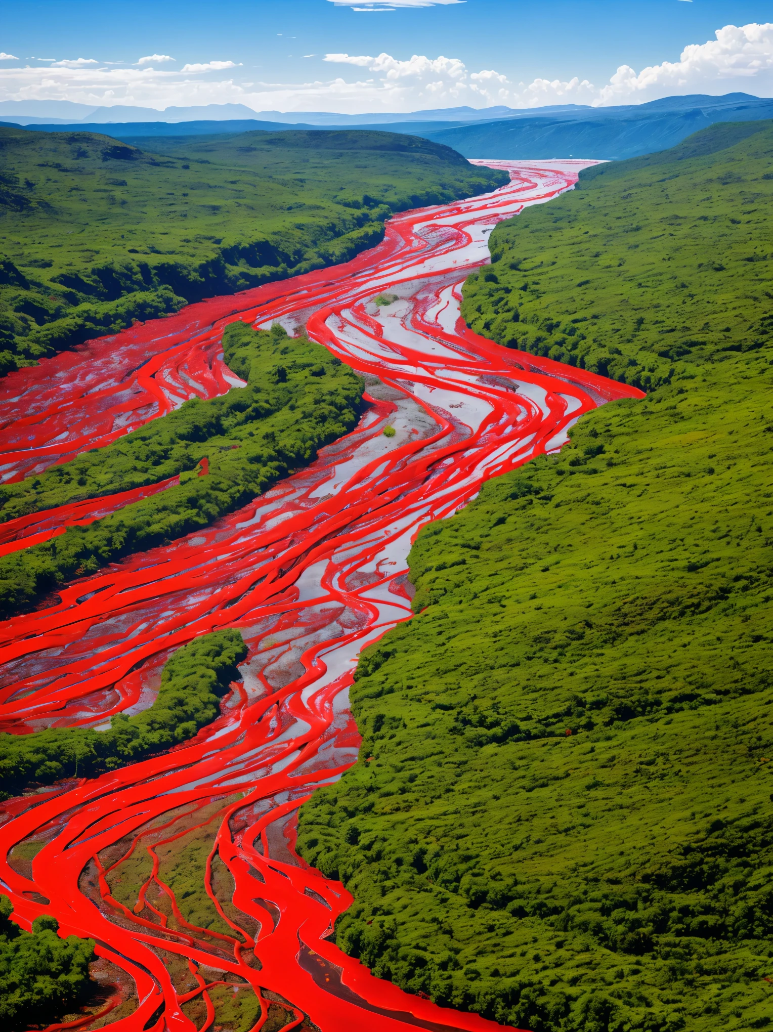 arafed stream of red water flowing through a lush green valley, an album cover by Juan Giménez, reddit, land art, lava river, red lava rivers, bloody river in hell, some red water, one million lave rivers, river of blood, lava rivers, pink slime everywhere, rivers of blood, red water, cant believe it is real