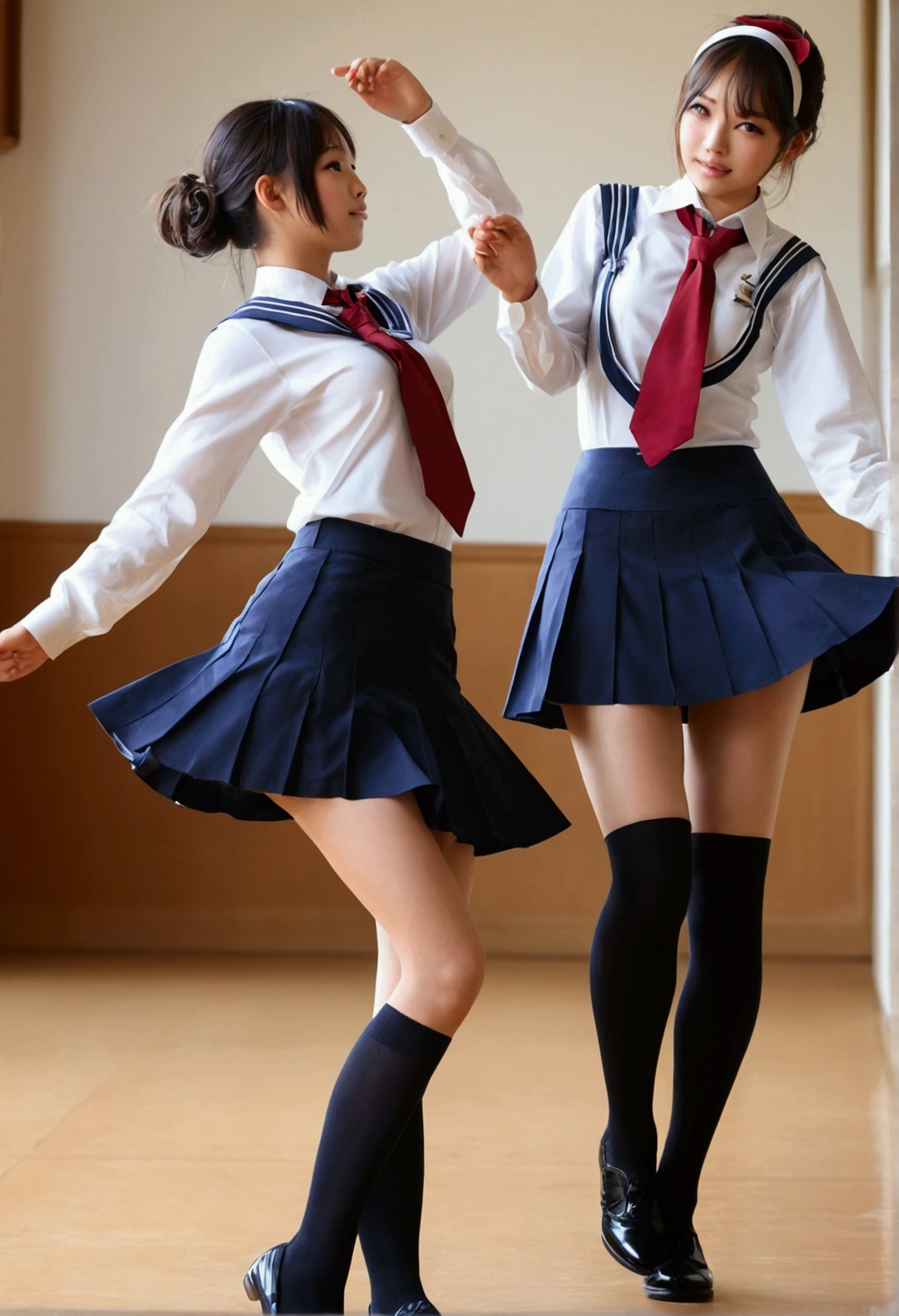 Two Girls,roromiya,ririchiyo,school uniforms, miniskirt, dancing,Ascot, masterpiece, Highest quality