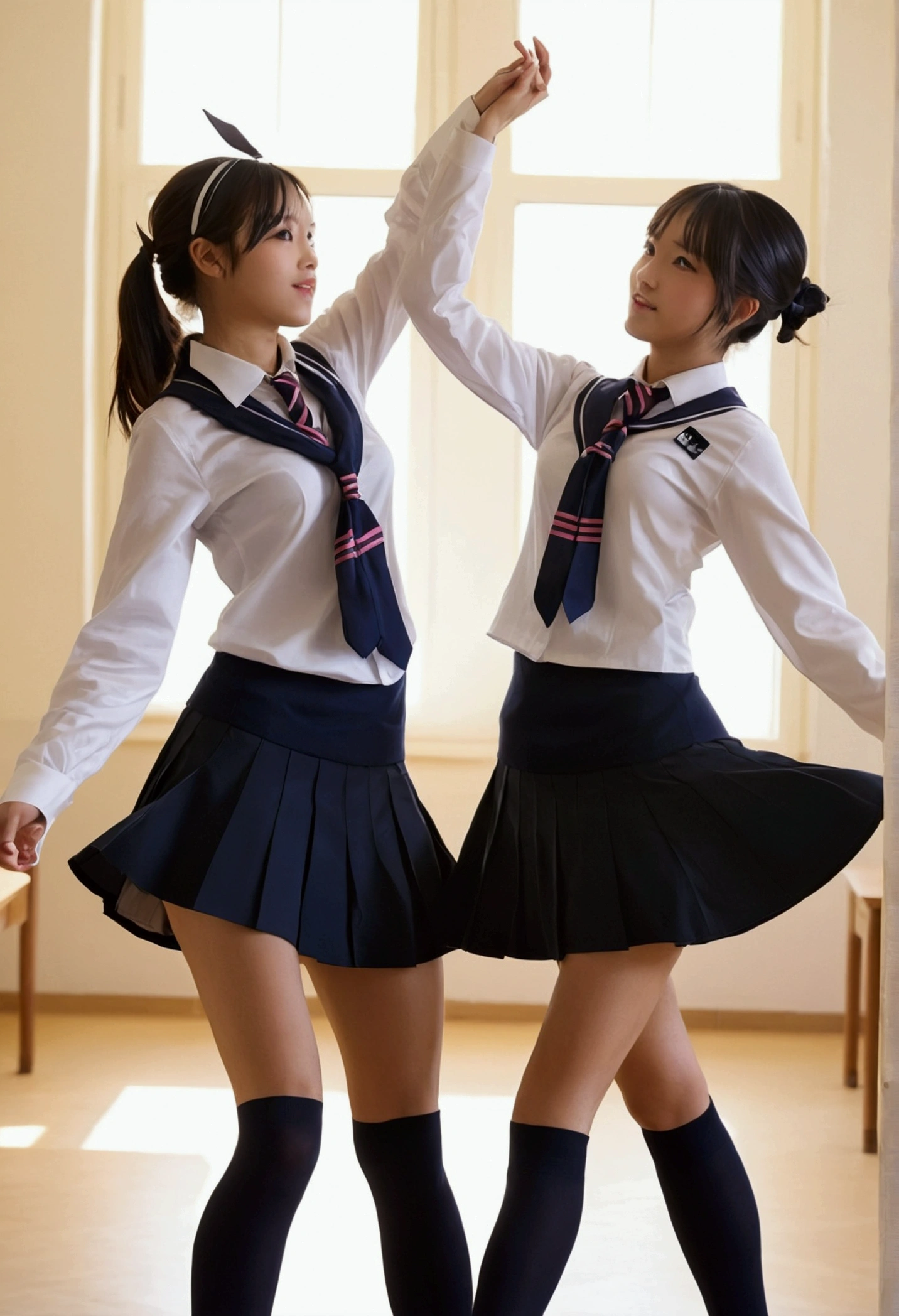 Two Girls,roromiya,ririchiyo,school uniforms, miniskirt, dancing,Ascot, masterpiece, Highest quality