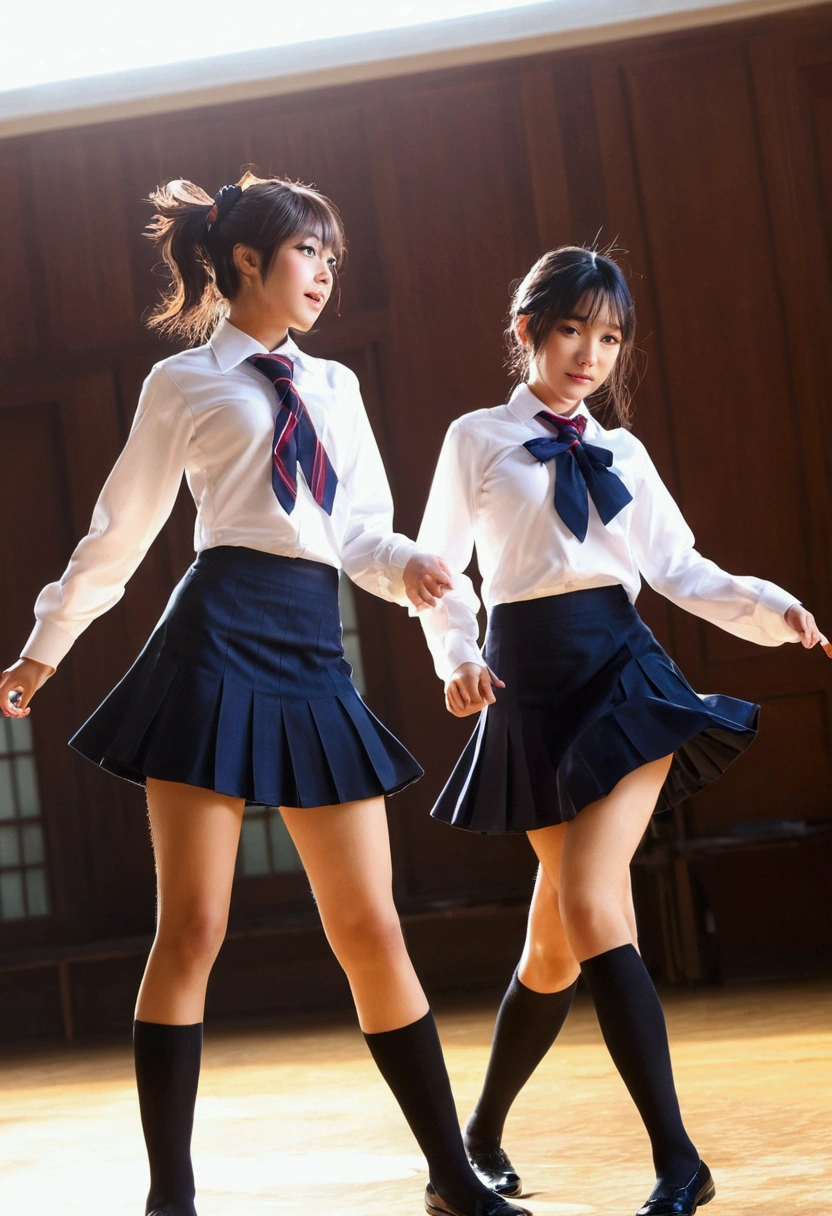 Two Girls,roromiya,ririchiyo,school uniforms, miniskirt, dancing,Ascot, masterpiece, Highest quality