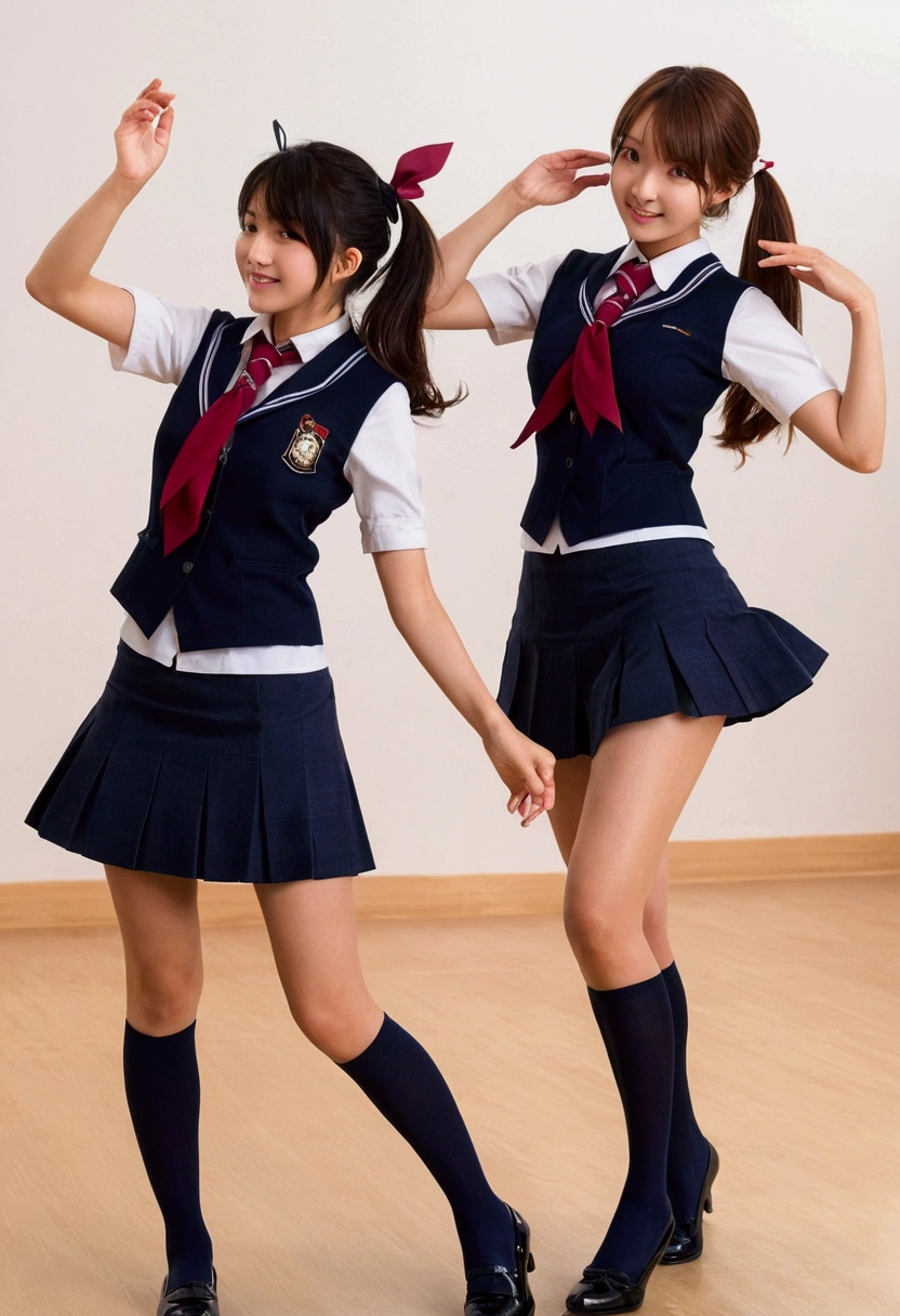 Two Girls,roromiya,ririchiyo,school uniforms, miniskirt, dancing,Ascot, masterpiece, Highest quality